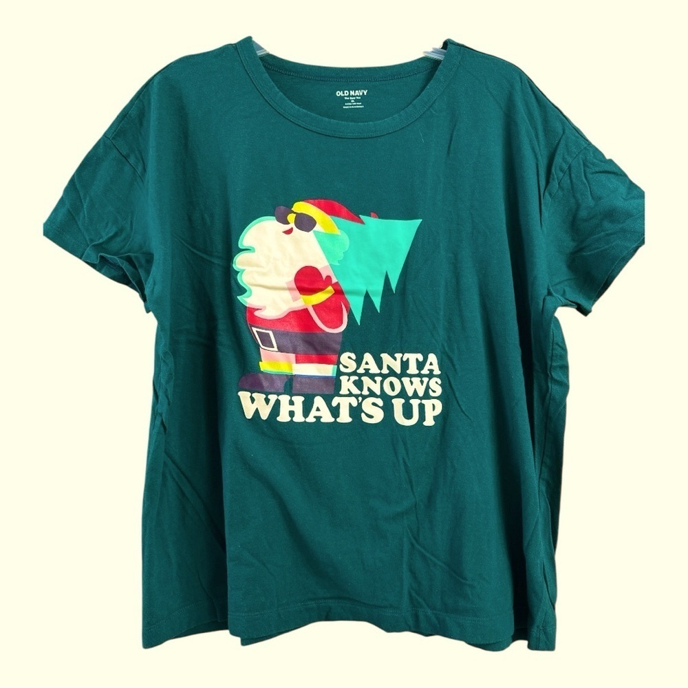 Old Navy Women’s Green Santa Graphic T-Shirt, Family Matching, Sz XL